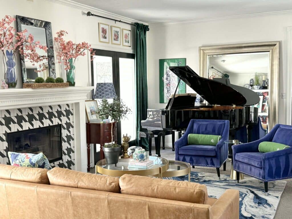 A grandmillennial style living room with spring decor touches.