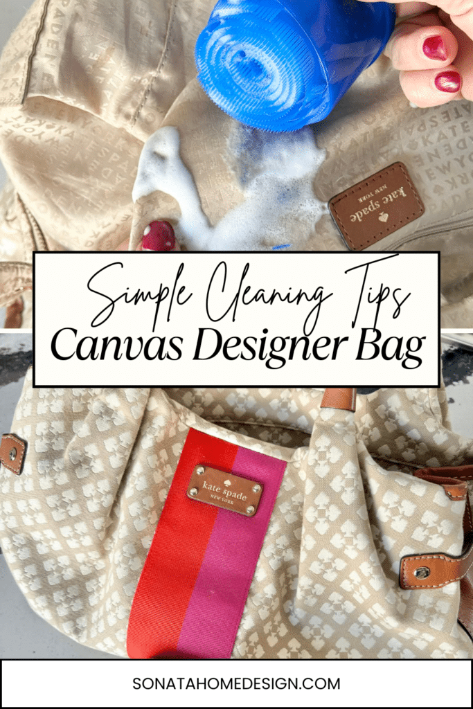 Simple cleaning tips for a canvas designer bag. Pinterest pin.