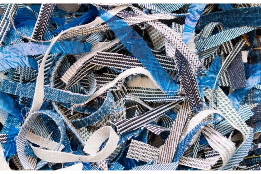 Fabrics strips in blue and white patterns.
