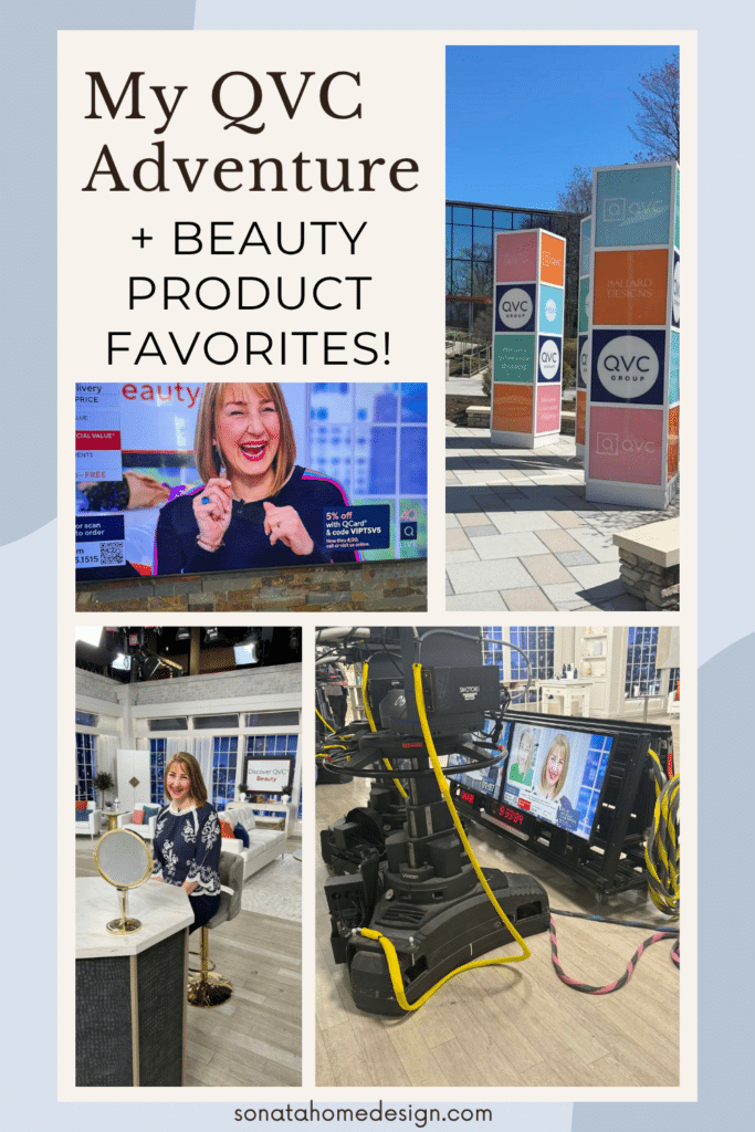 Various images of a woman on the QVC studio set.