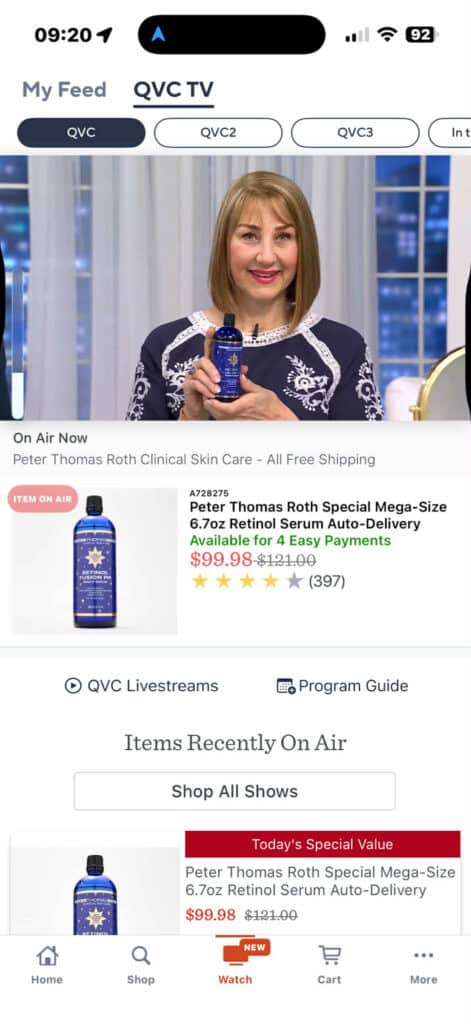 A woman giving a testimonial on the benefits of the Peter Thomas Roth retinol beauty product.