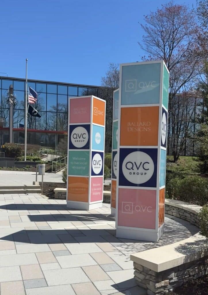 The QVC signs on the studio campus in West Chester, PA.