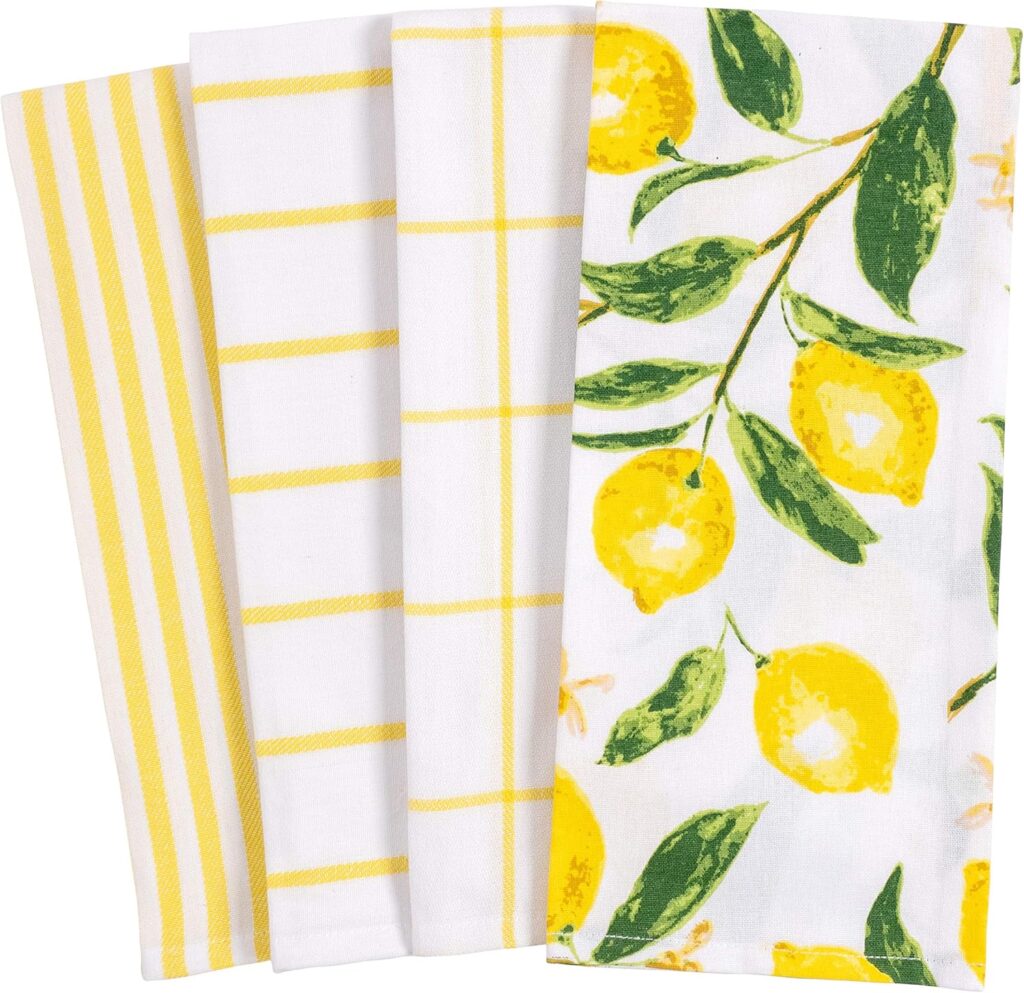 Four yellow and white lemon-themed dish towels.