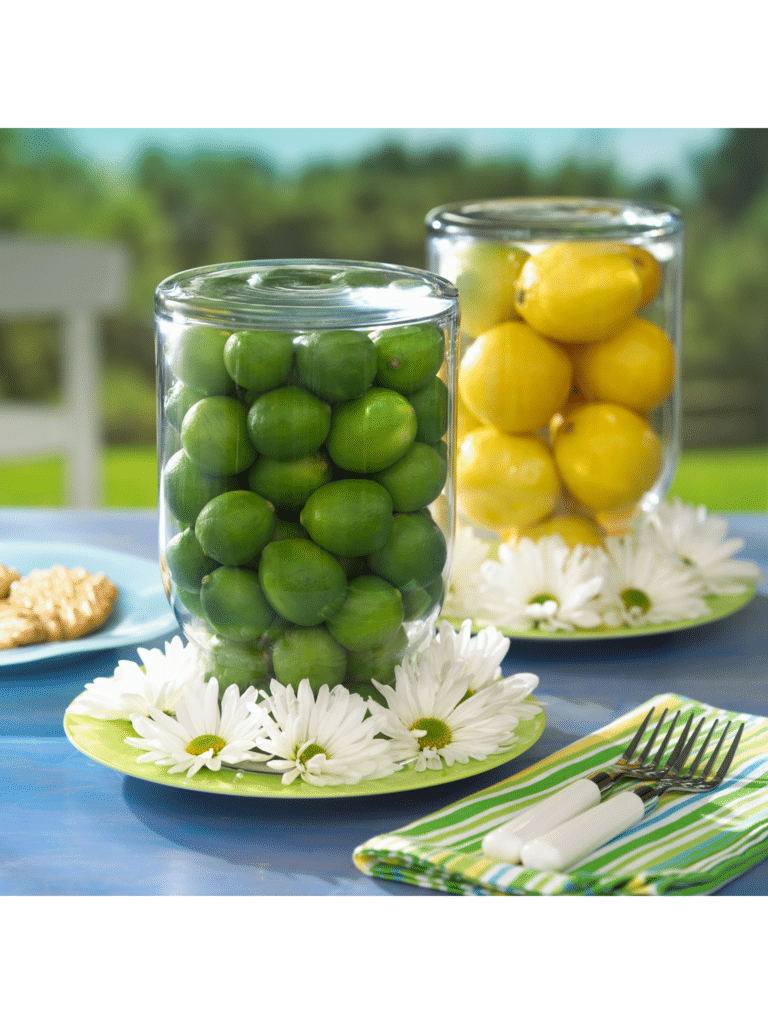 Glass jars filled with limes and lemons.