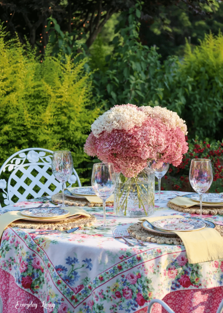 A summer table setting with pink hydrangeas.
