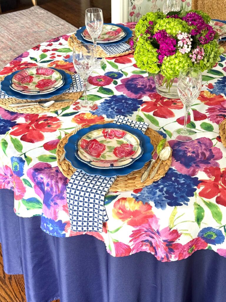 A colorful floral summer tablescape.
