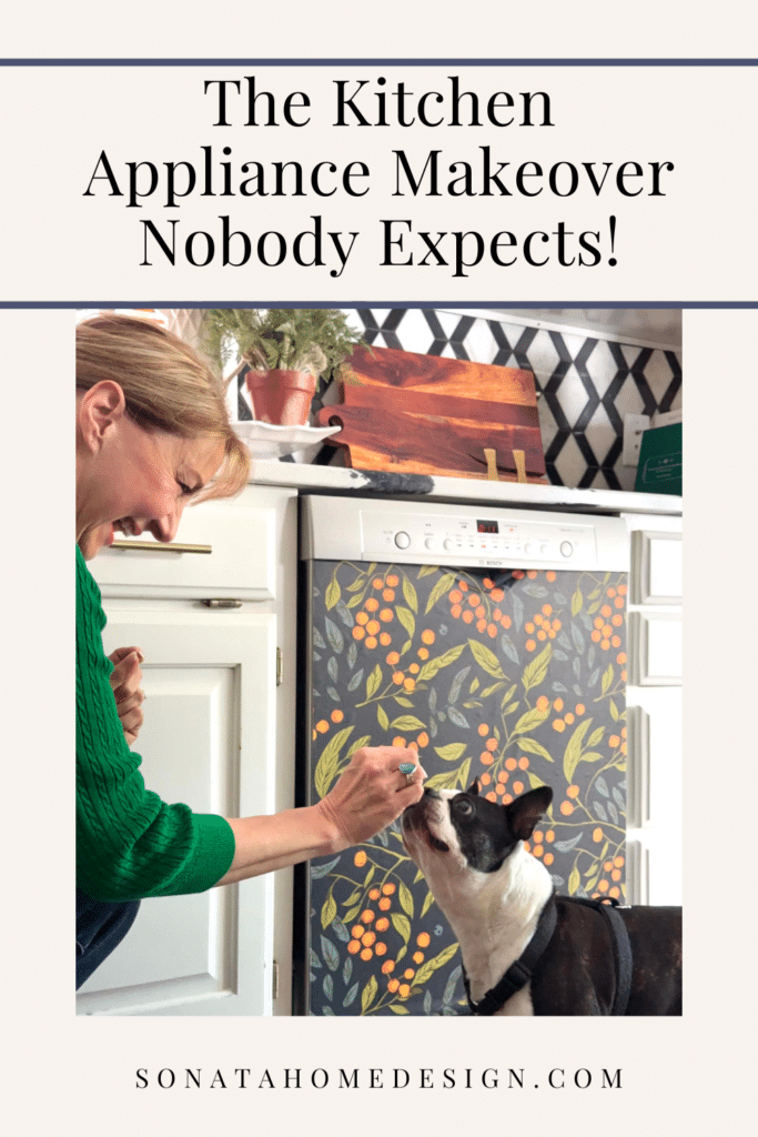 A kitchen appliance that has been covered with wallpaper.