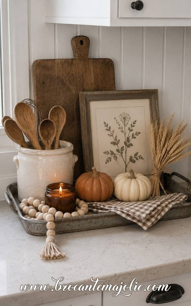 A cookie sheet used as a tray to hold pumpkins and a candle.