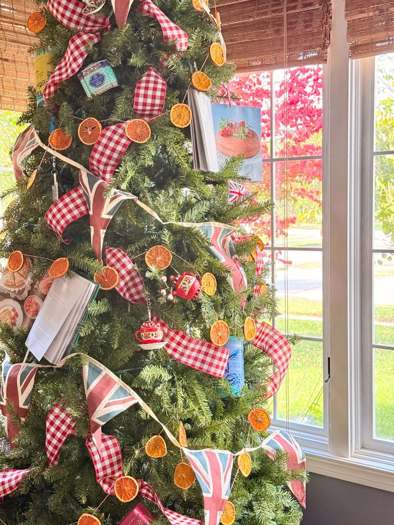 Dried orange slice garland on a Christmas tree.