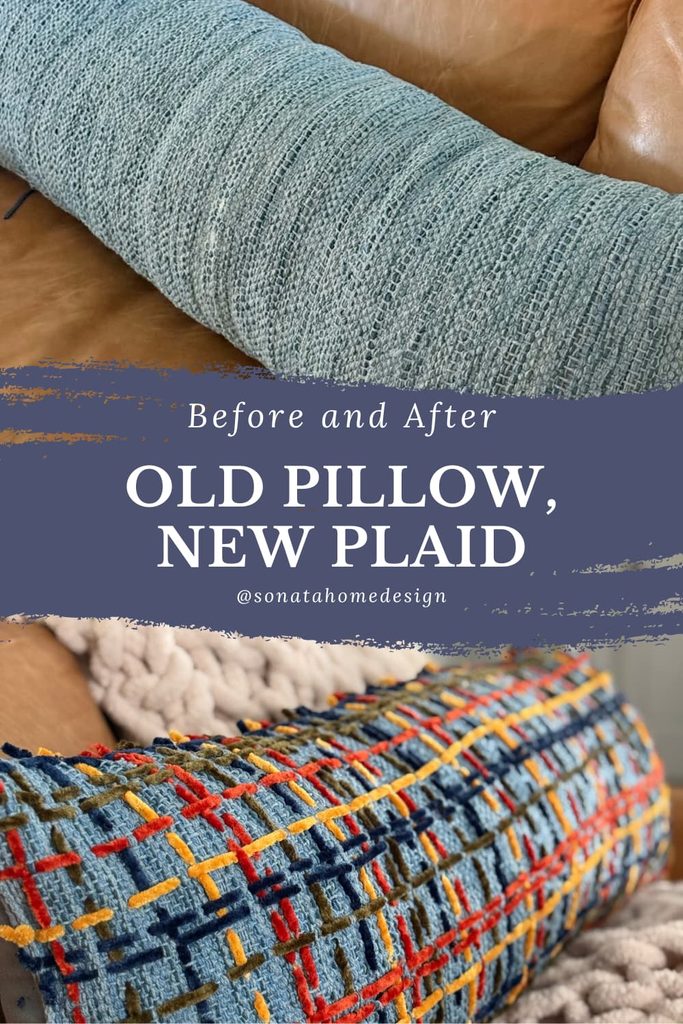 A before and after pillow project using a needle and yarn.