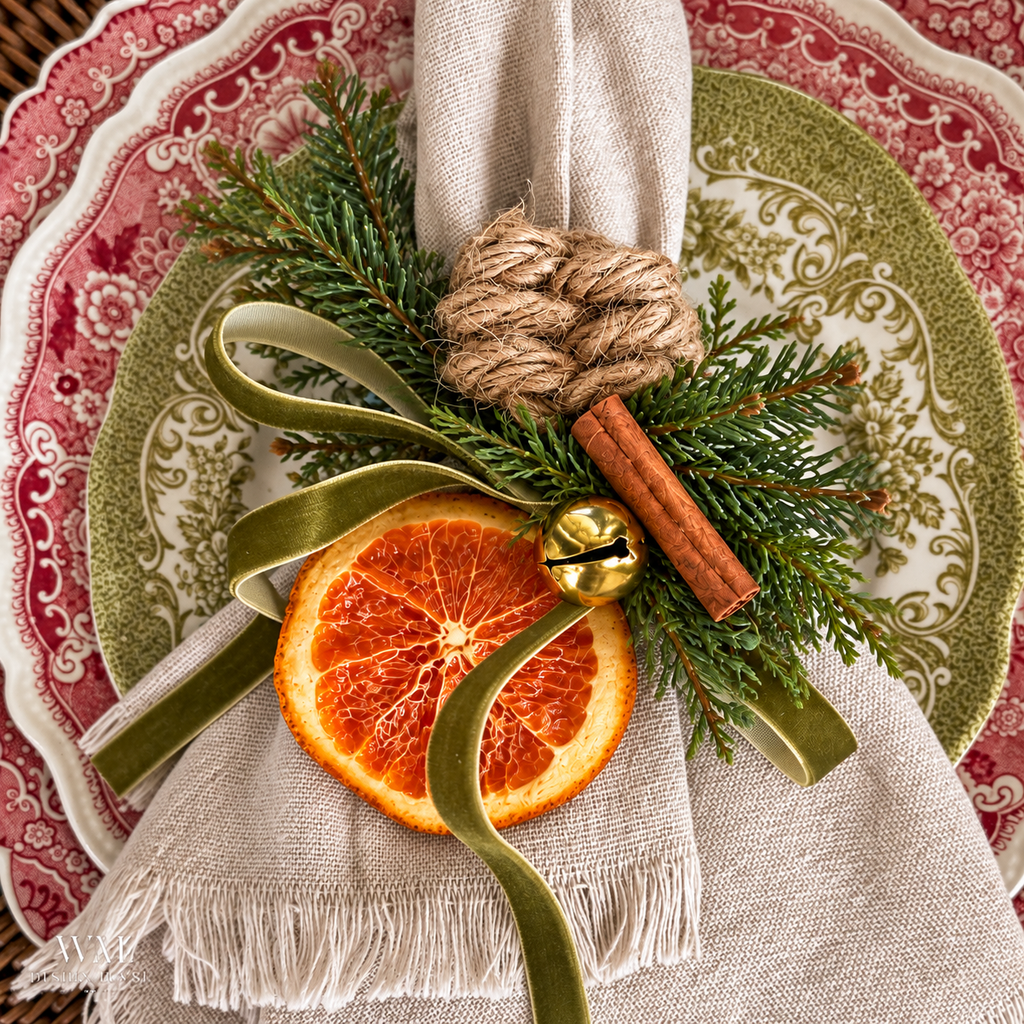 A knotted napkin ring with a napkin and dried orange slice.